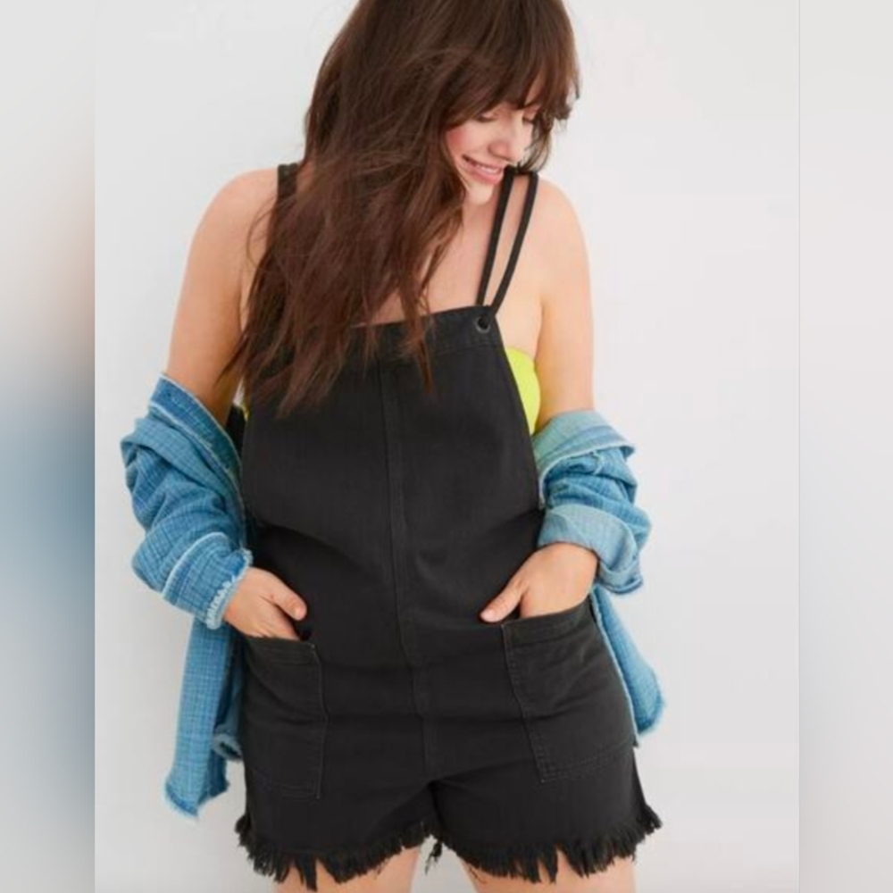 Aerie Charcoal Denim Shortall Coveralls With Raw Hem